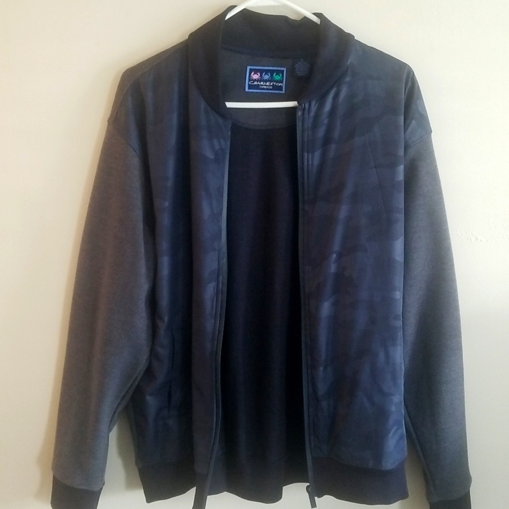 XL varsity jacket, blue camouflage and gray